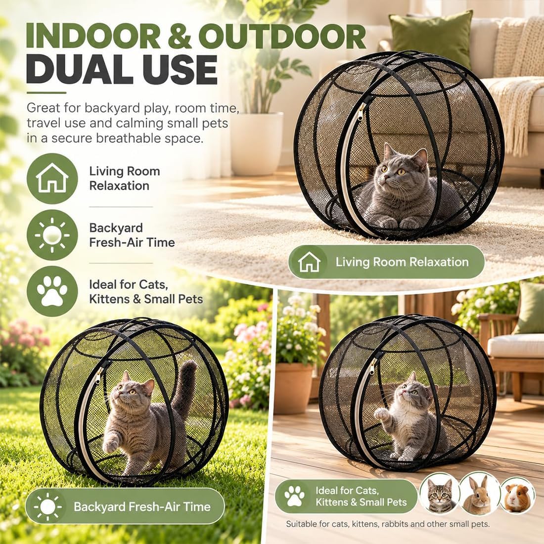 Cat Hamster Ball for Outside, 27" 360° Panoramic Pop-Up Rolling Cat Playpen with Zipper, Foldable Mesh Cats Exercise Ball, Portable Lightweight Outdoor Cats Enclosure for Kittens