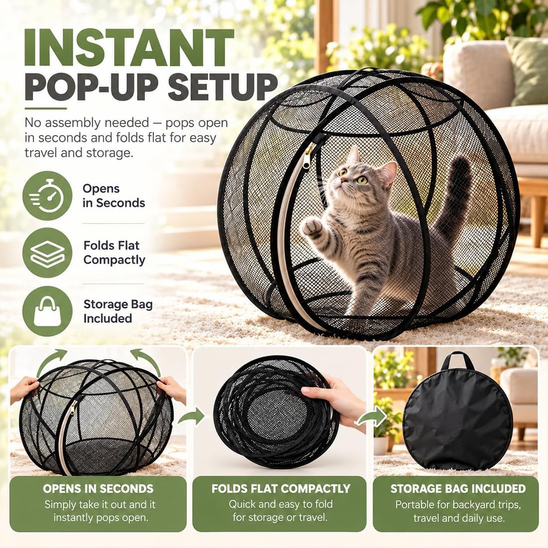 Cat Hamster Ball for Outside, 27" 360° Panoramic Pop-Up Rolling Cat Playpen with Zipper, Foldable Mesh Cats Exercise Ball, Portable Lightweight Outdoor Cats Enclosure for Kittens