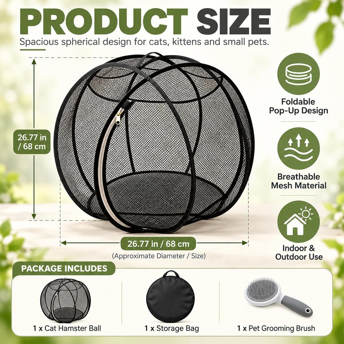 Cat Hamster Ball for Outside, 27" 360° Panoramic Pop-Up Rolling Cat Playpen with Zipper, Foldable Mesh Cats Exercise Ball, Portable Lightweight Outdoor Cats Enclosure for Kittens