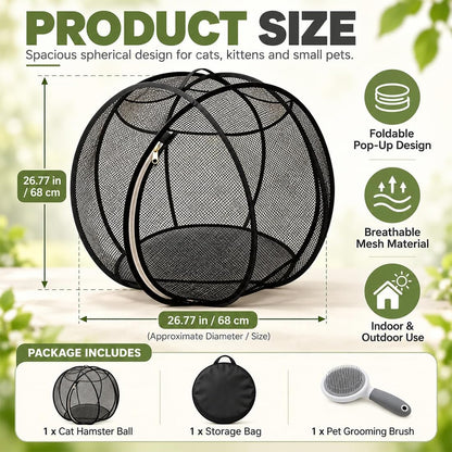 Cat Hamster Ball for Outside, 27" 360° Panoramic Pop-Up Rolling Cat Playpen with Zipper, Foldable Mesh Cats Exercise Ball, Portable Lightweight Outdoor Cats Enclosure for Kittens