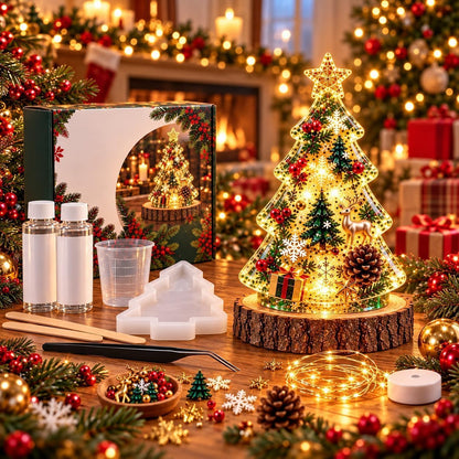 Resin Christmas Tree Night Light DIY Kit, 2026 New Holiday Craft Gift, Glowing Christmas Tree with Mold, Lights and Charms