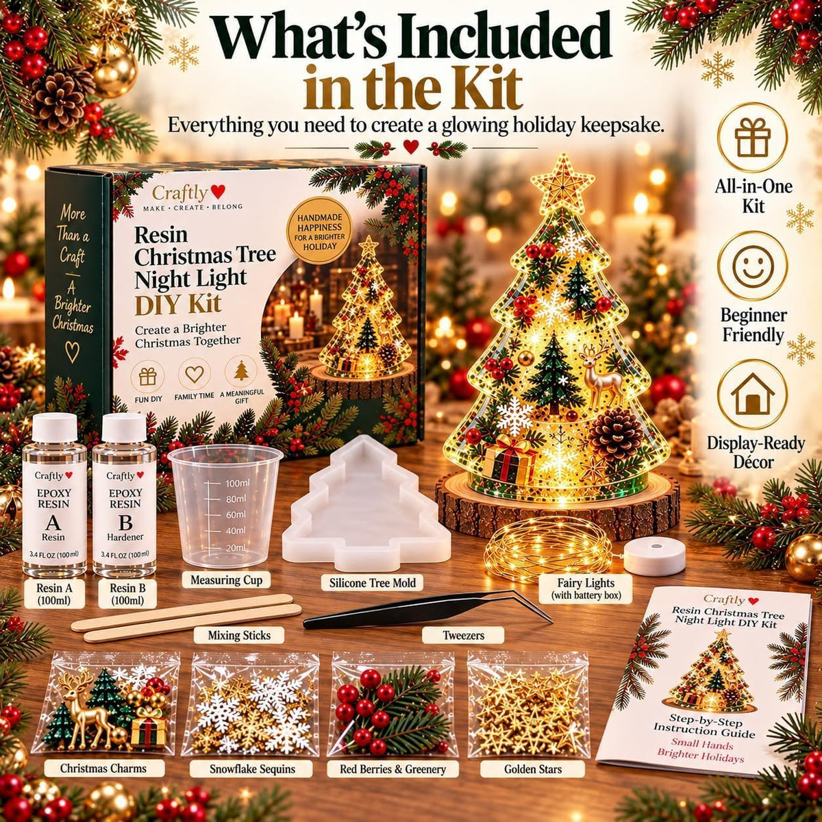 Resin Christmas Tree Night Light DIY Kit, 2026 New Holiday Craft Gift, Glowing Christmas Tree with Mold, Lights and Charms