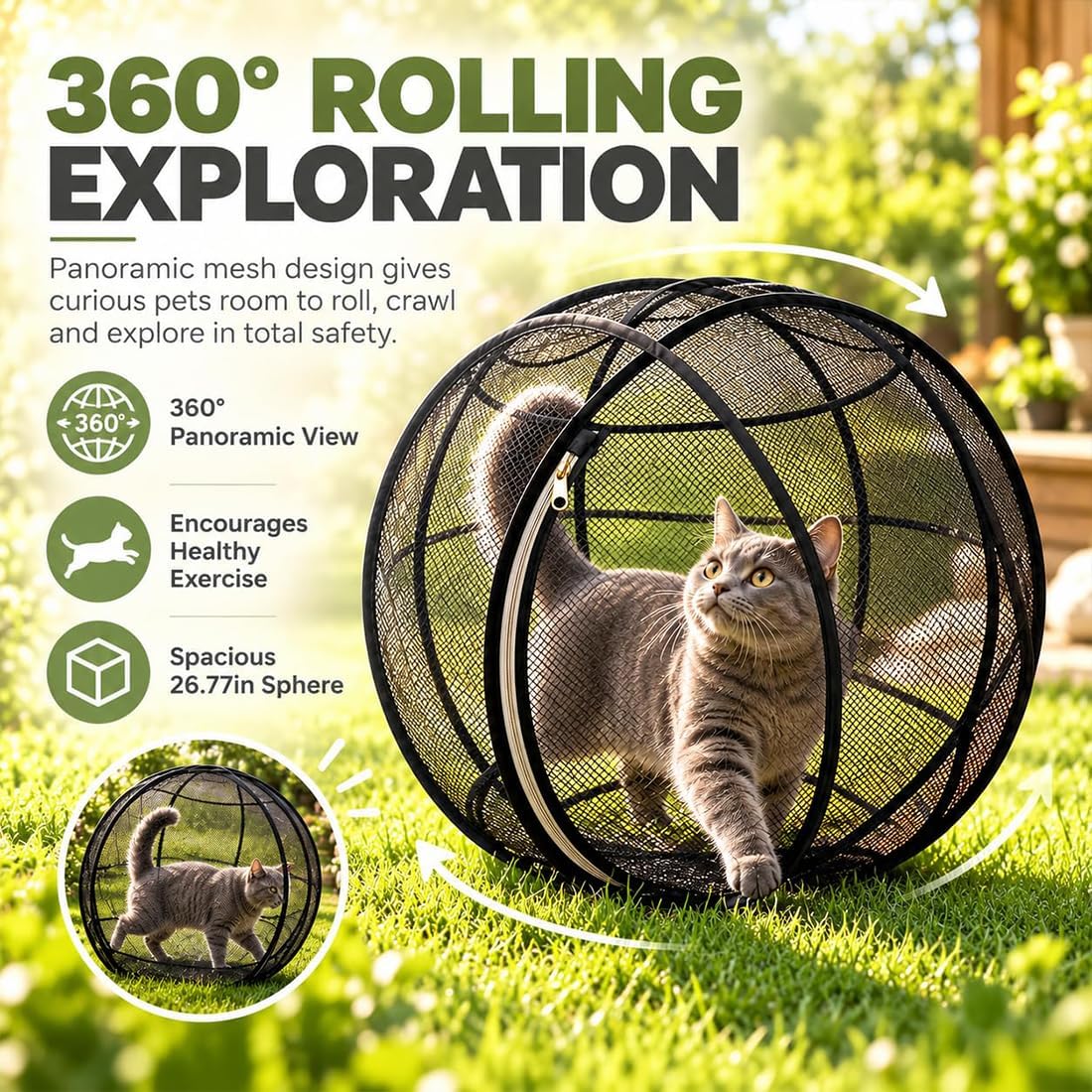 Cat Hamster Ball for Outside, 27" 360° Panoramic Pop-Up Rolling Cat Playpen with Zipper, Foldable Mesh Cats Exercise Ball, Portable Lightweight Outdoor Cats Enclosure for Kittens