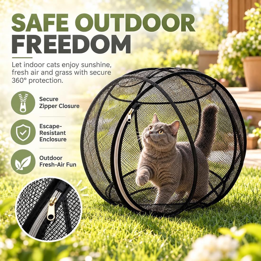 Cat Hamster Ball for Outside, 27" 360° Panoramic Pop-Up Rolling Cat Playpen with Zipper, Foldable Mesh Cats Exercise Ball, Portable Lightweight Outdoor Cats Enclosure for Kittens