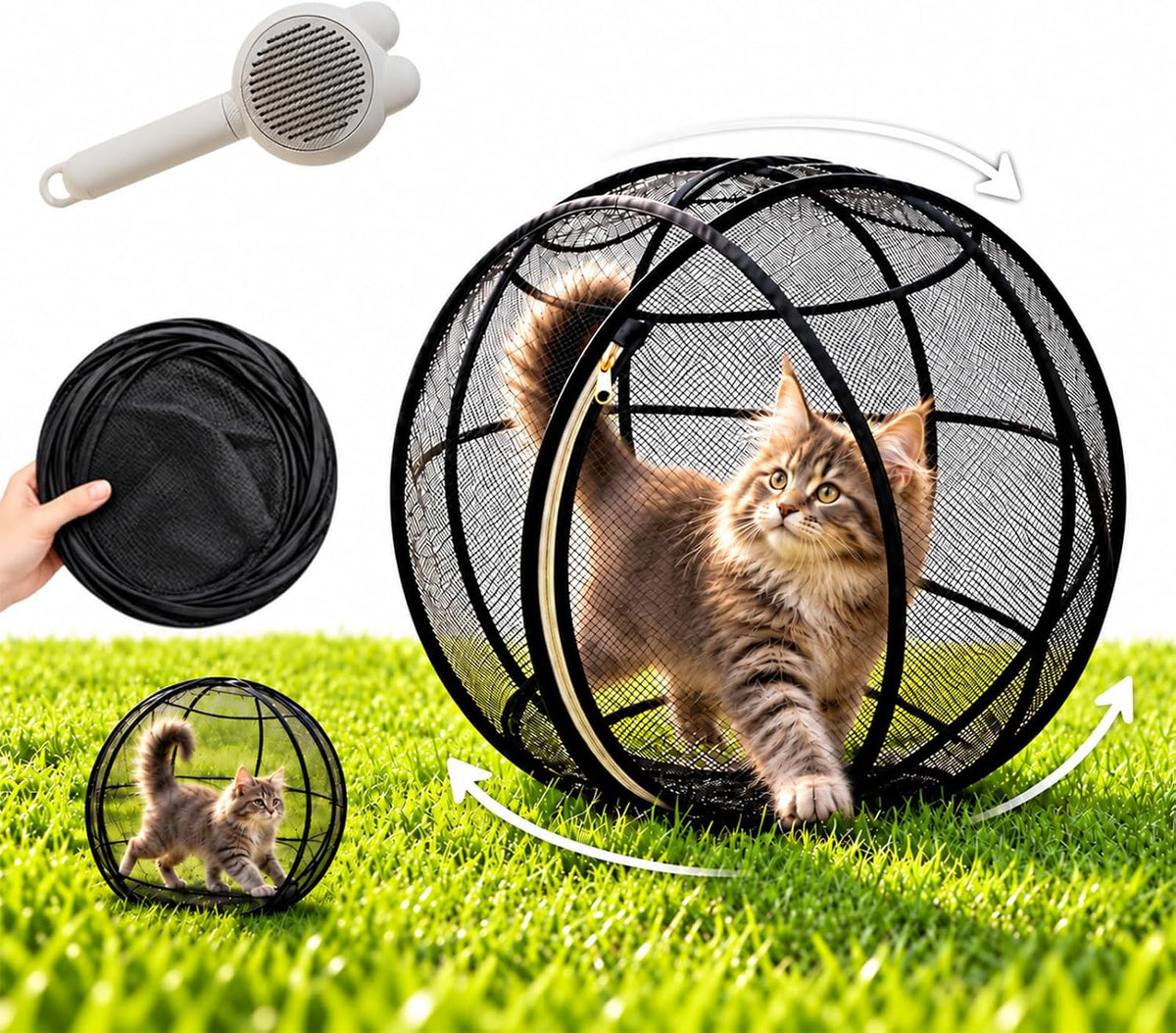 Cat Hamster Ball for Outside, 27" 360° Panoramic Pop-Up Rolling Cat Playpen with Zipper, Foldable Mesh Cats Exercise Ball, Portable Lightweight Outdoor Cats Enclosure for Kittens