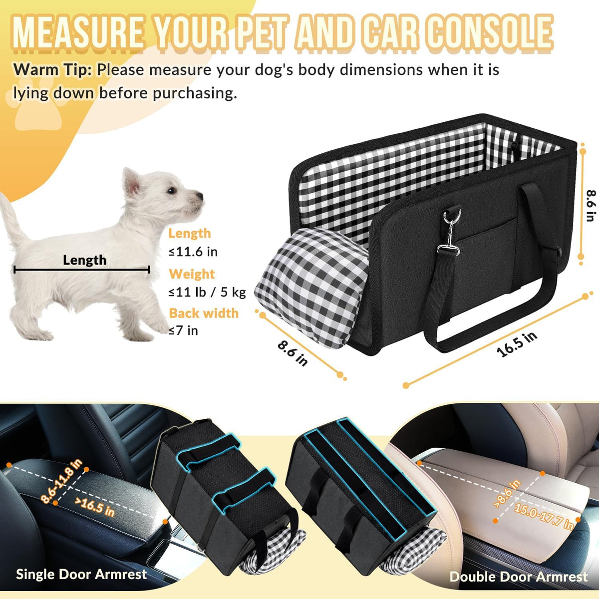 Console Dog Cat Car Seat, Dog Booster Seat for Small Dogs Cats Under 11lbs