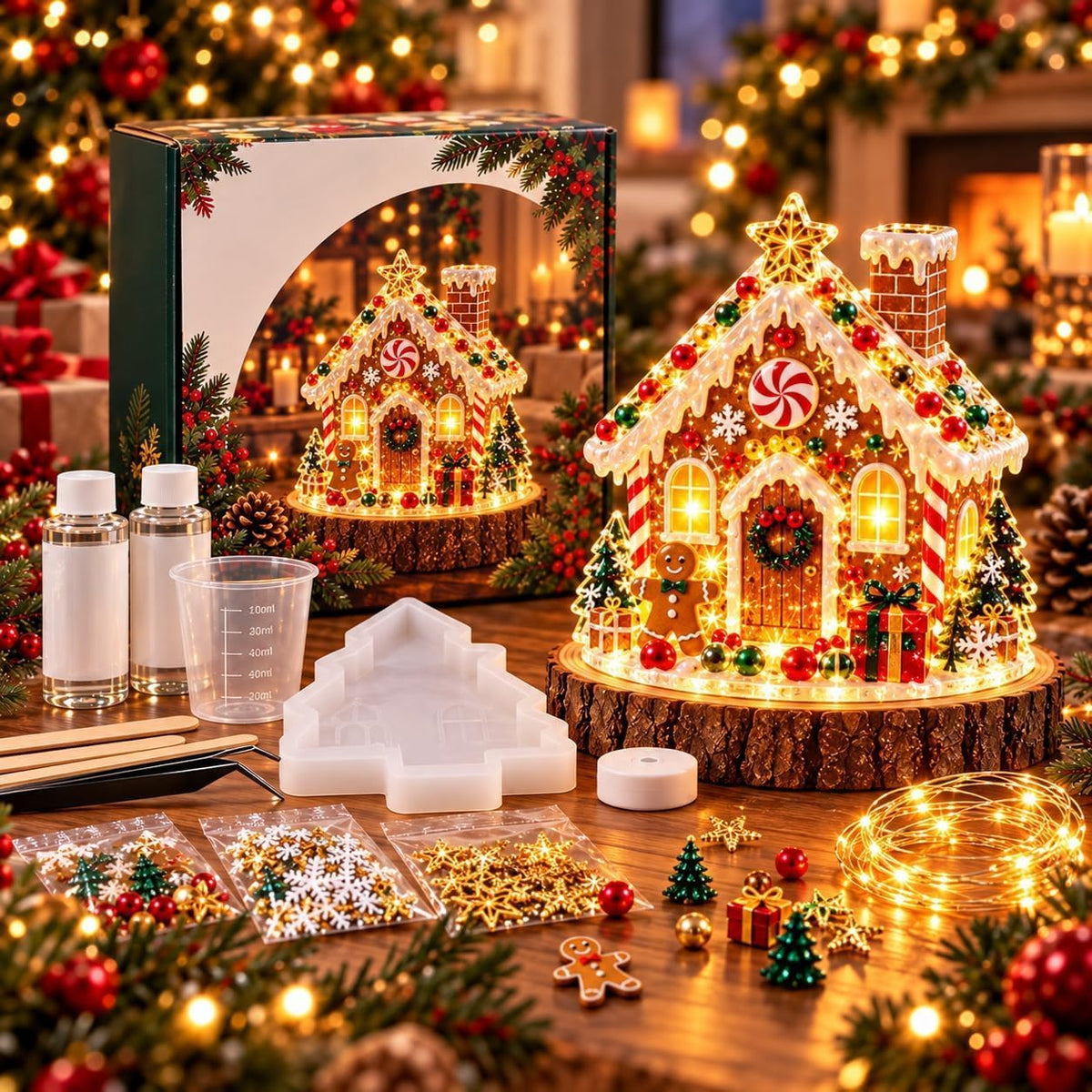 Resin Christmas Tree Night Light DIY Kit, 2026 New Holiday Craft Gift, Glowing Christmas Tree with Mold, Lights and Charms